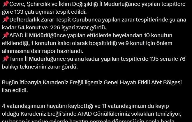 Bakan Yerlikaya: “Bugün itibarıyla Karadeniz Ereğli ilçemiz ‘Genel Hayata Etkili Afet Bölgesi’ ilan edildi”