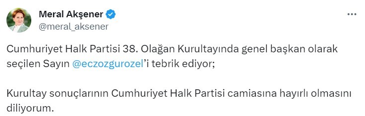 İYİ Parti Lideri Akşener’den CHP Genel Başkanı seçilen Özel’e tebrik